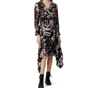 AllSaints 8 Lizia Wing Studded Asymmetrical Rocker Shift Dress Black Long Sleeve